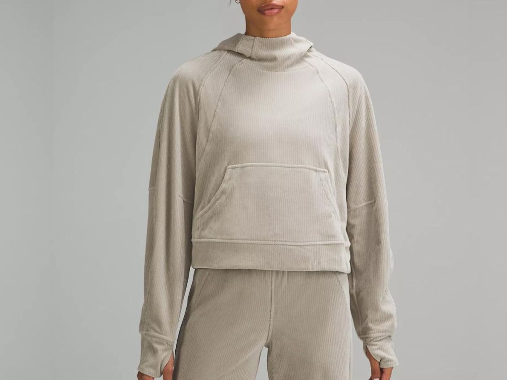 woman wearing a lululemon cord scuba hoodie