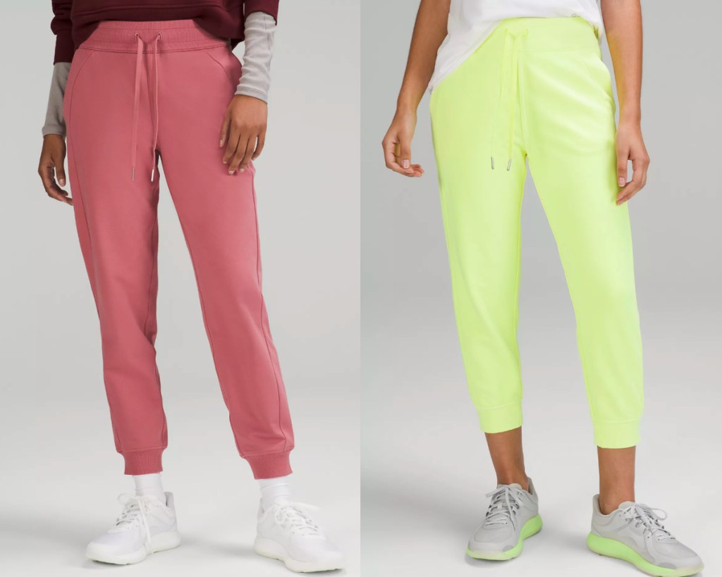 woman wearing pink and lime yellow joggers