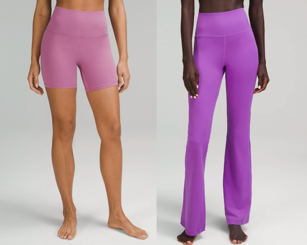 women wearing pink shorts and purple leggings