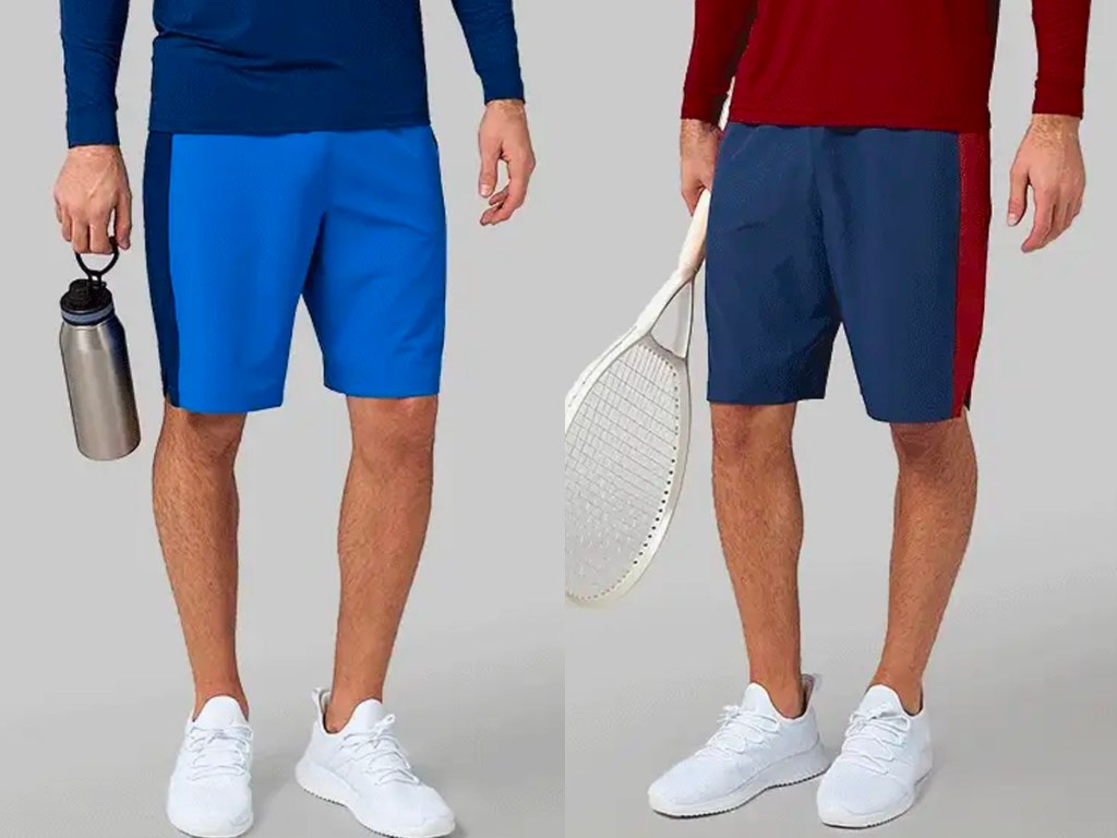 two men wearing blue shorts and white shoes