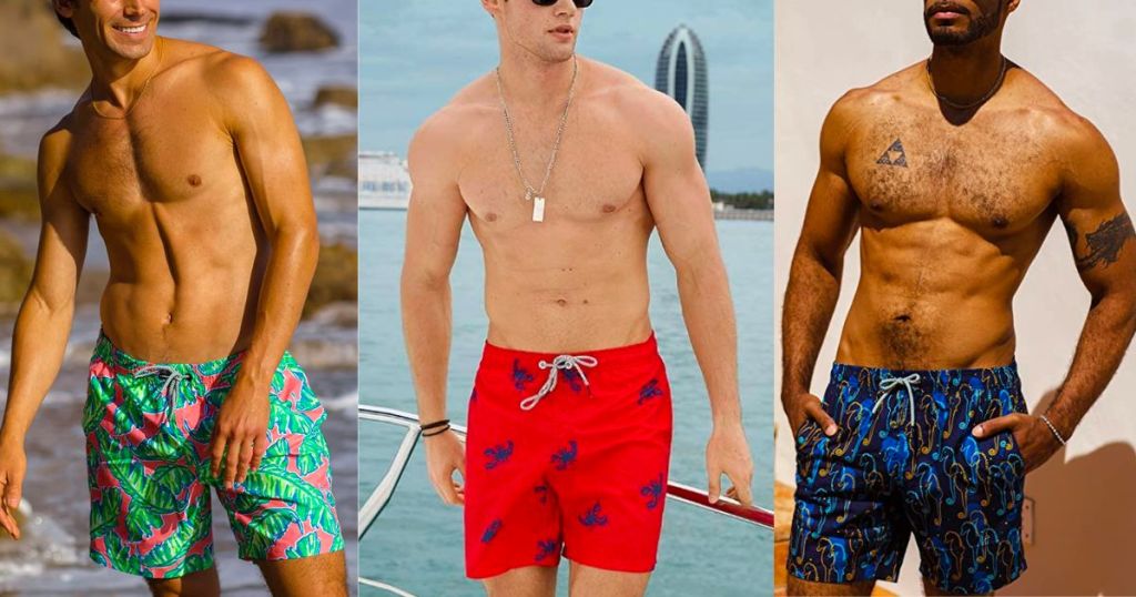 3 men wearing 3 different style swim trunks