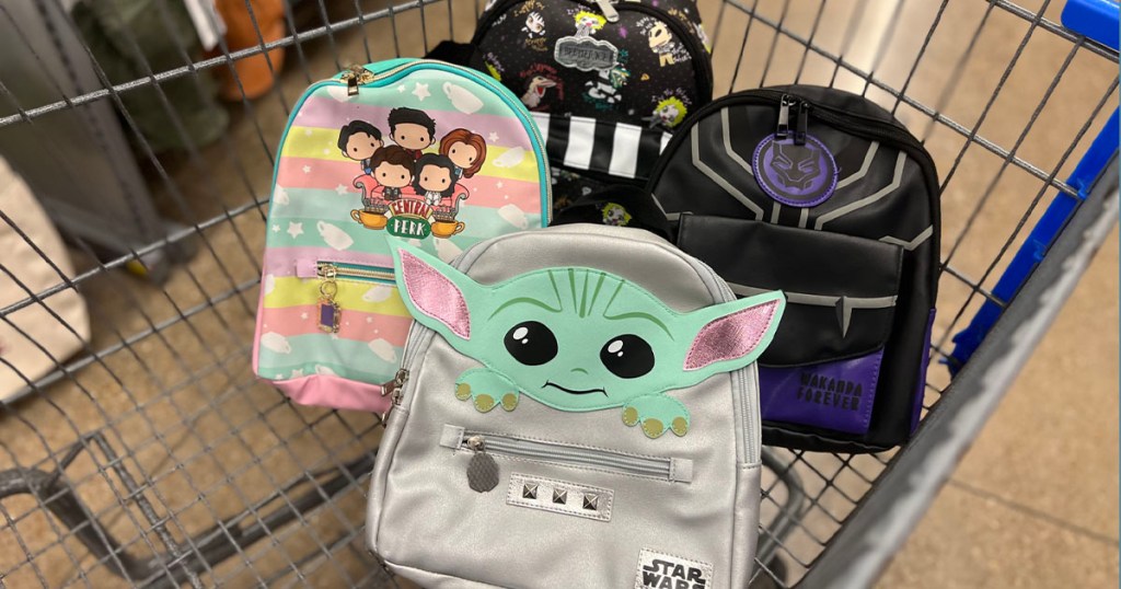 yoda, friends and black panter mini backpacks in shopping cart