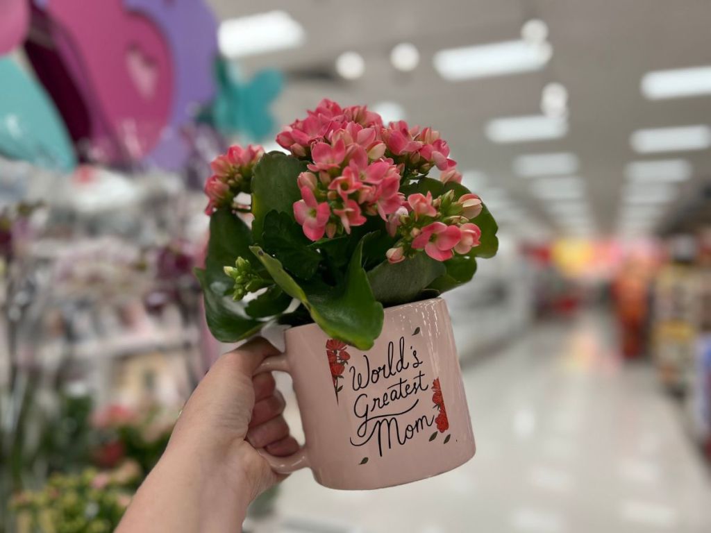 person holding World's Greatest Mom Mug filled w/ Flowers 