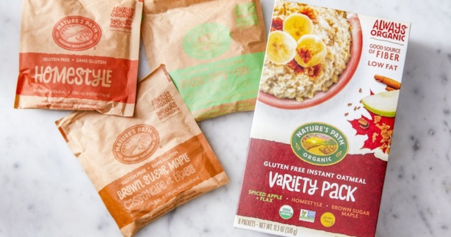 box of Nature's Path Organic Oatmeal Variety pack with individual packs around it
