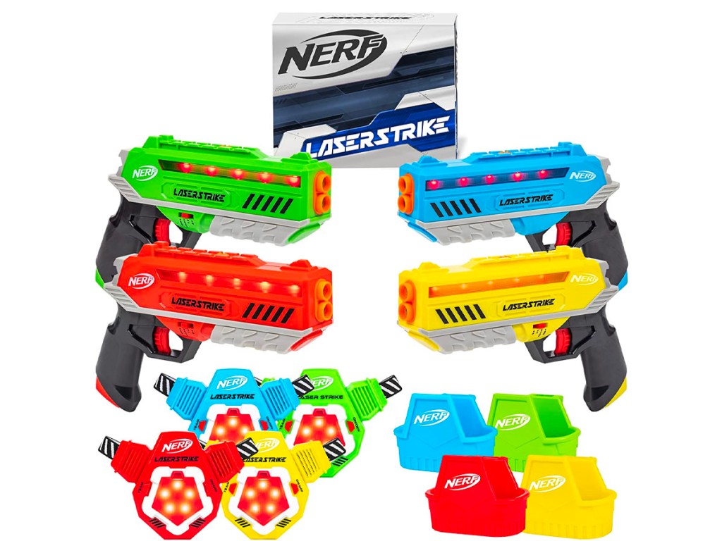 nerf lazer tag 4 pack with 4 guns, 4 chest pieces and box