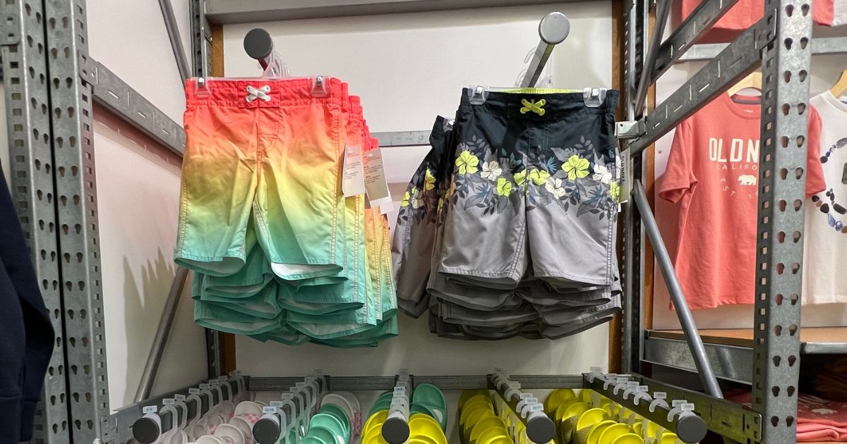 boys swimsuits hanging in store at Old Navy