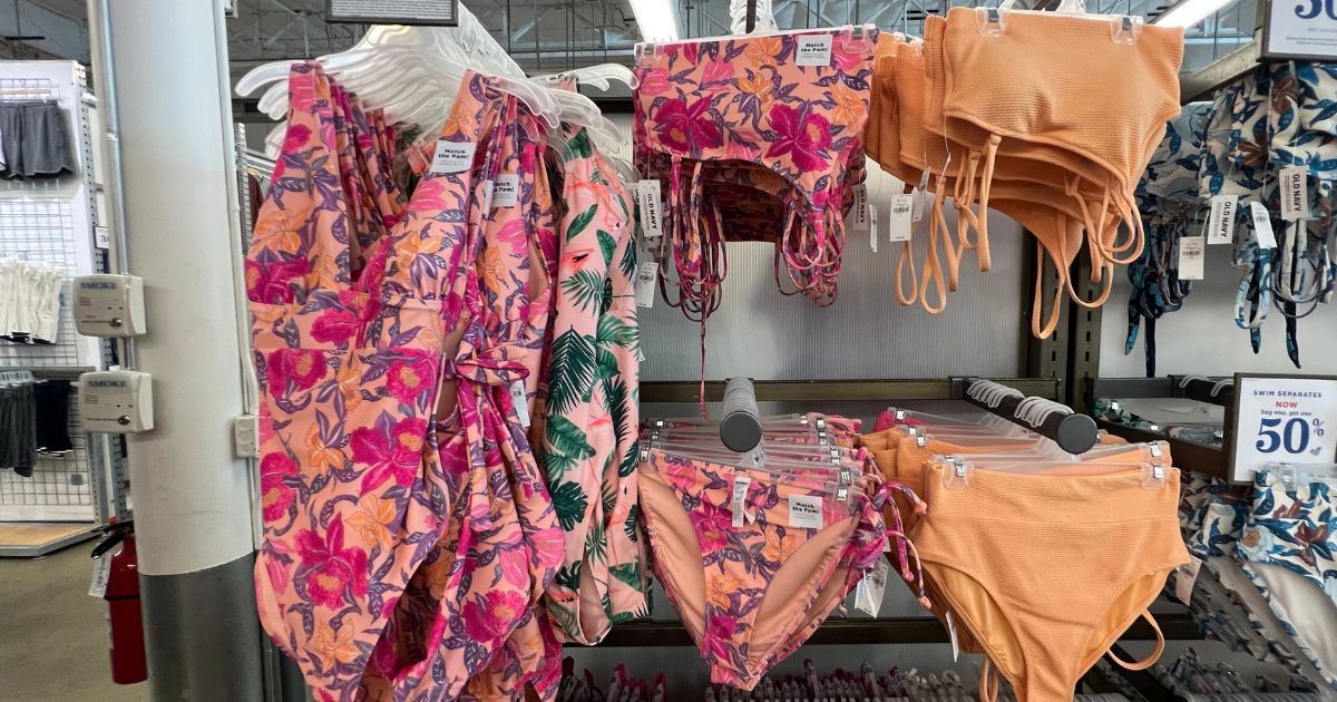 women's swimwear hanging in store at Old Navy