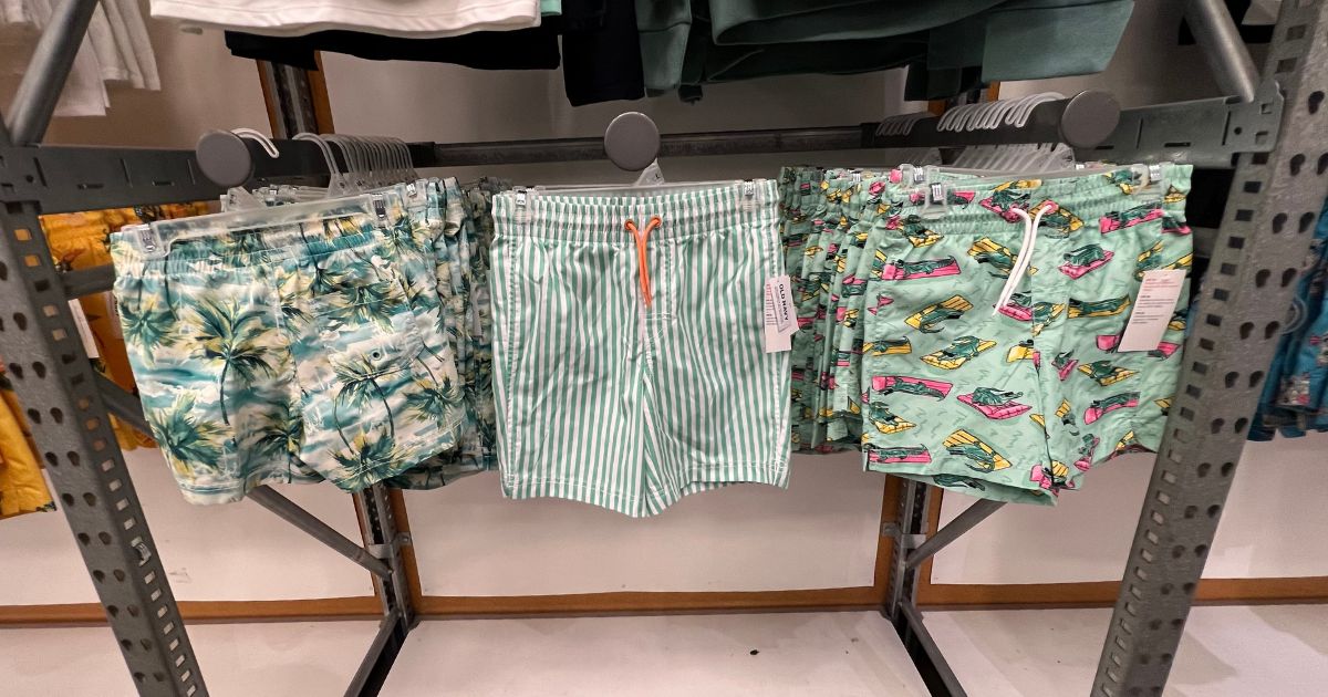 boys swimsuits hanging in store at Old Navy