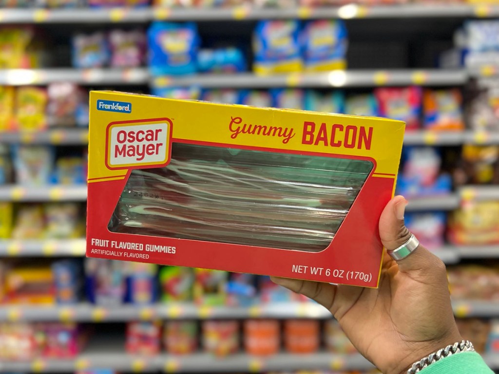 hand holding oscar mayer bacon gummy pack