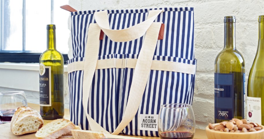 pinstrip cooler tote bag with wine bottles around it
