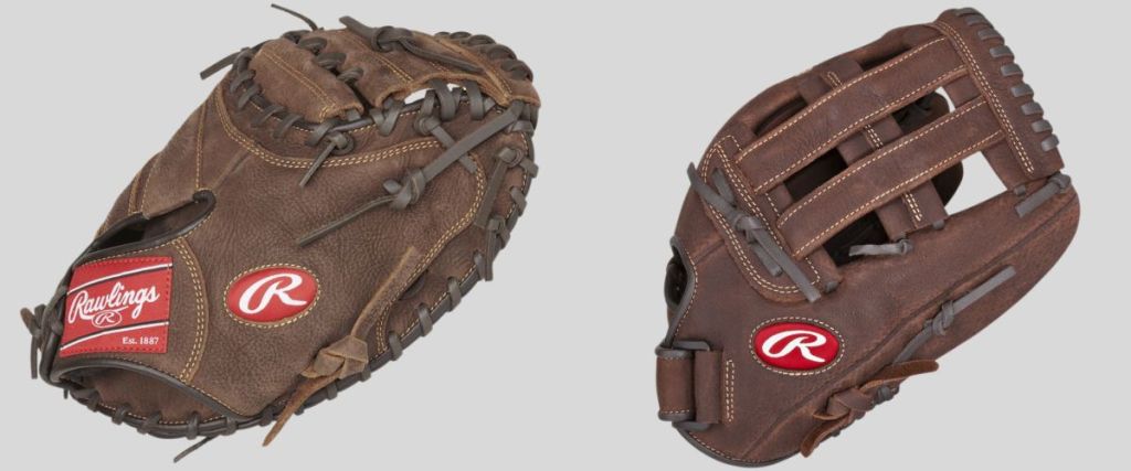 2 brown leather Rawlings baseball mitts