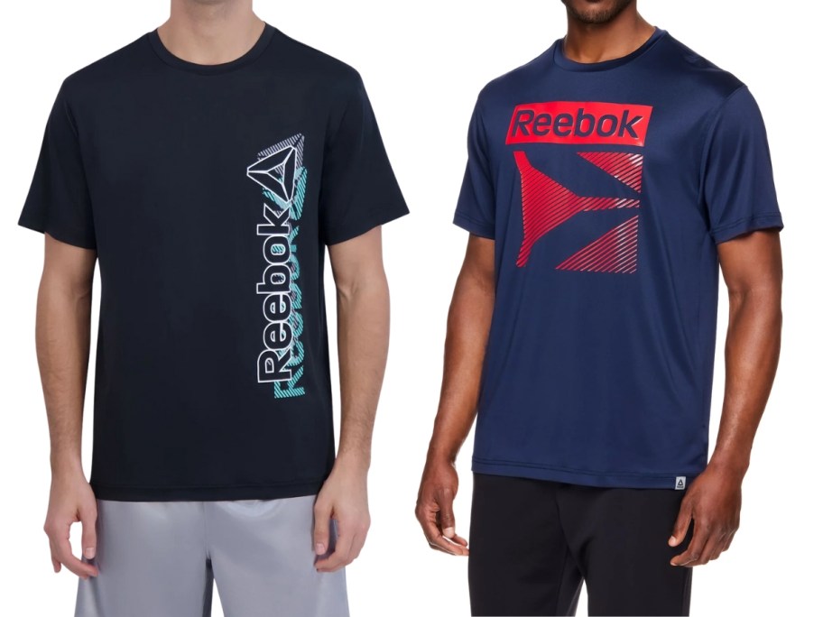 2 men wearing different color and styles of Reebok logo t-shirts