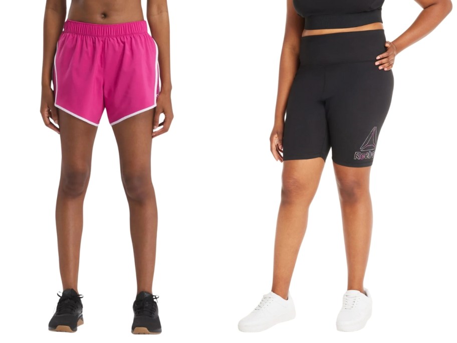 woman wearing pink Reebok running shorts next to a woman wearing black Reebok bike shorts