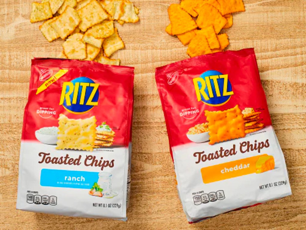 two open bags of ritz toasted chips on table with chips 