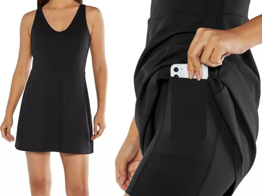 Woman wearing a Gap Fit active dress and another view of the built in shorts underneath with a pocket for a phone