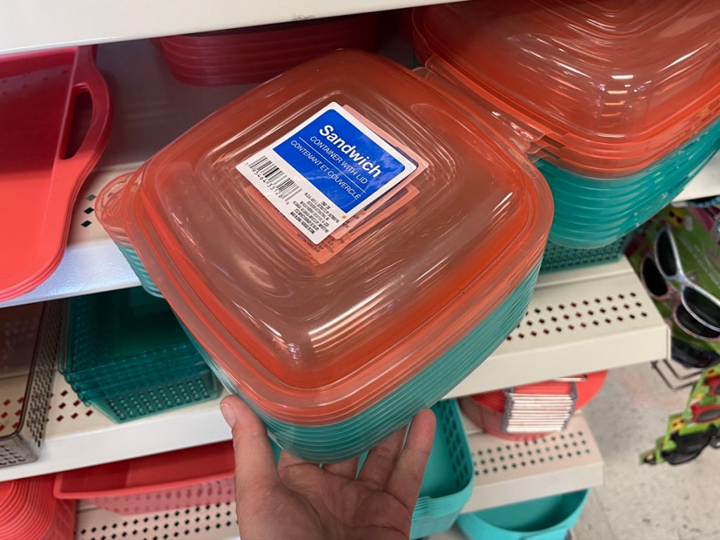 hand holding orange and teal sandwich container