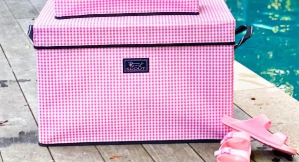 white and pink plaid Scout storage bag by pool