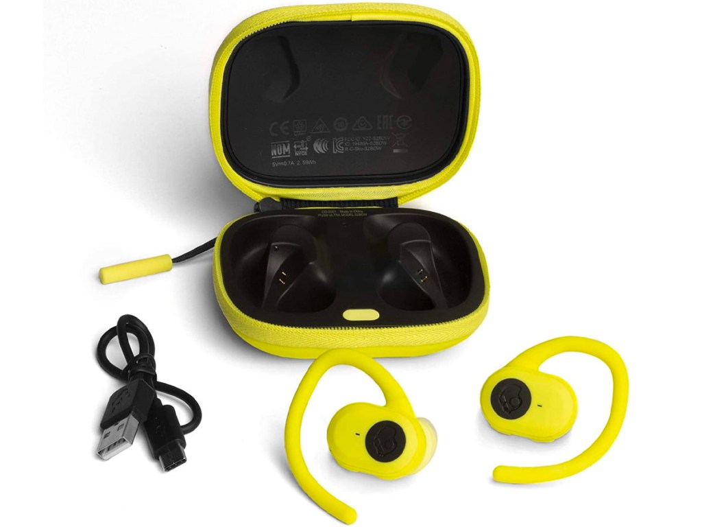 yellow skullcandy earbuds case, earbuds and charger