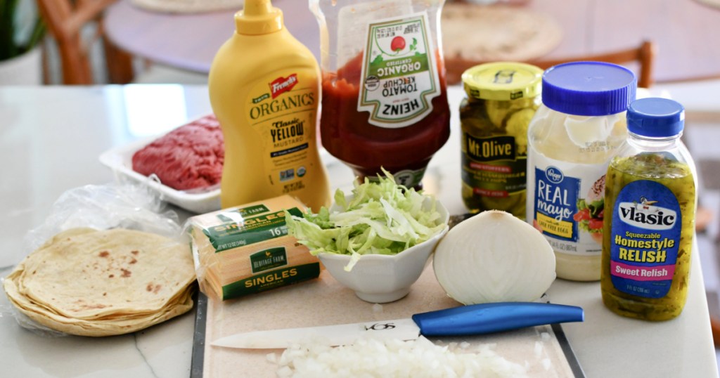 ingredients on the counter for smash burger tacos