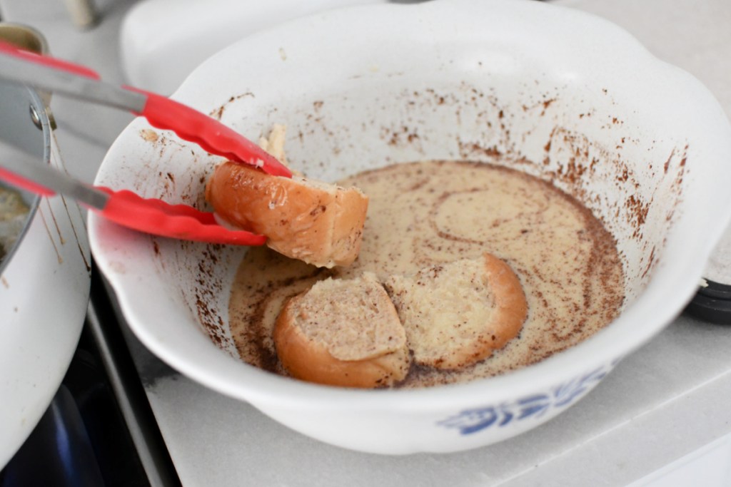 soaking french toast in milk mixture