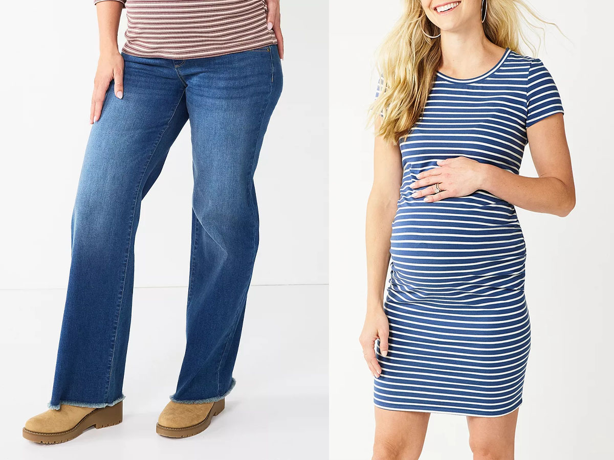 two women wearing maternity jeans and dress