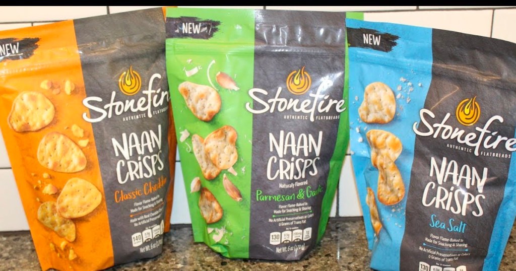 three bags of stonefire naan crisps on counter