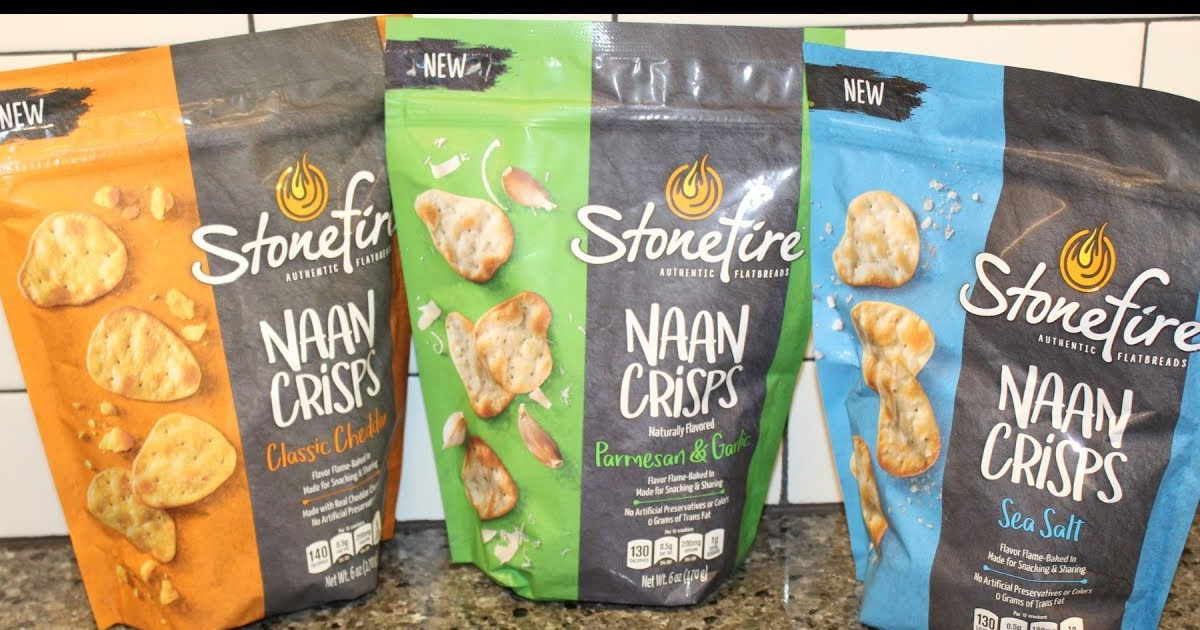 three bags of stonefire naan crisps on counter