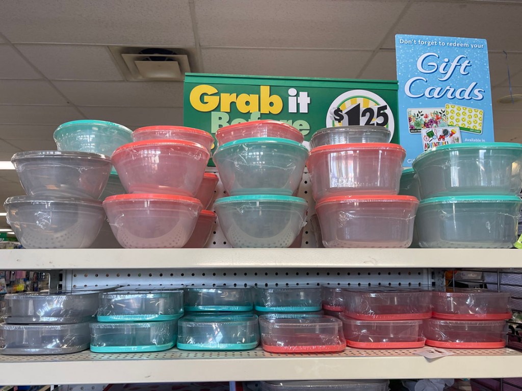 storaage bowls and sandwich containers on shelf in Dollar Tree