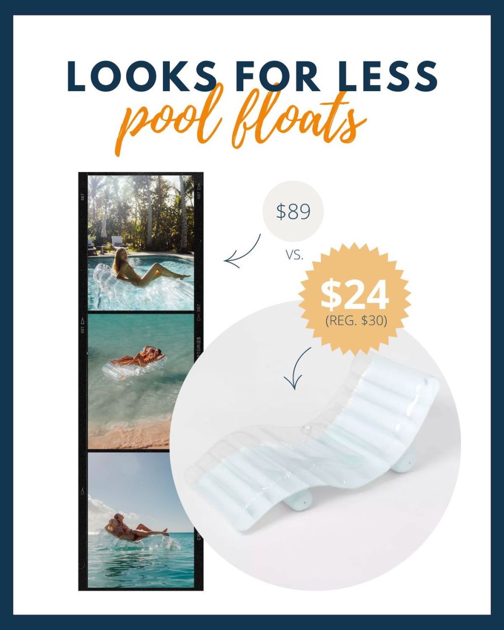 graphic with stock photos of clear pool floats 