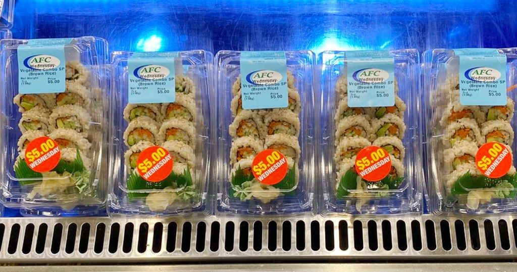 sushi rolls on display in Publix store