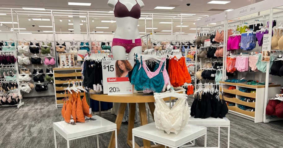 bra display with manequin and several bras in target store