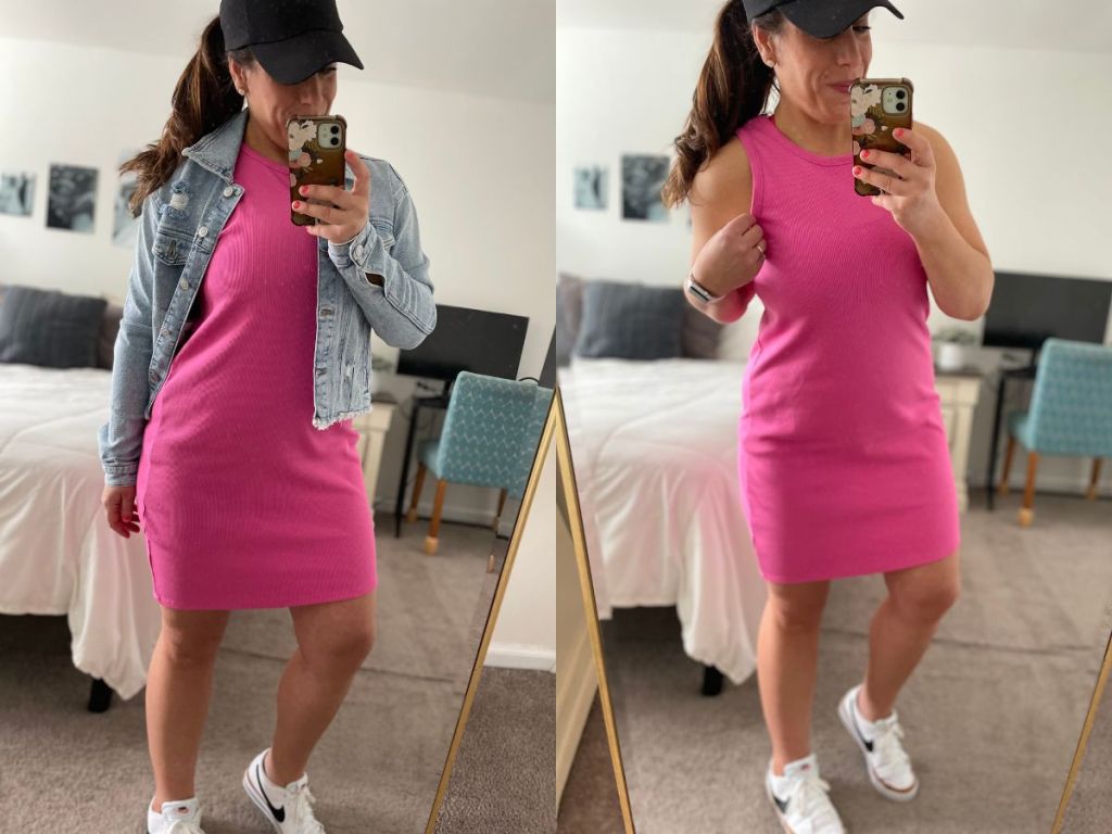 side by side of woman wearing pink outfit hat and jean jacket