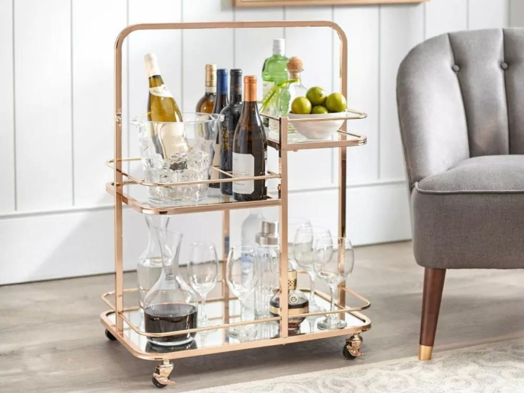 gold drink cart in living room