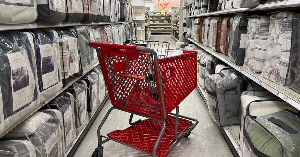 target cart in comforter aisle 