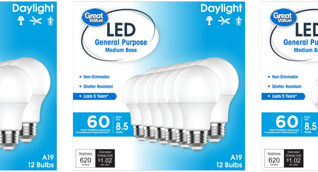 three Great Value LED Light Bulbs 12 Pack stock images