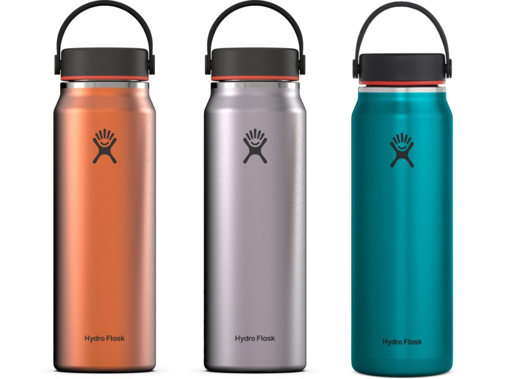 three stock images of Hydro Flask Trail Series Lightweight Wide-Mouth Vacuum Water Bottle 32oz