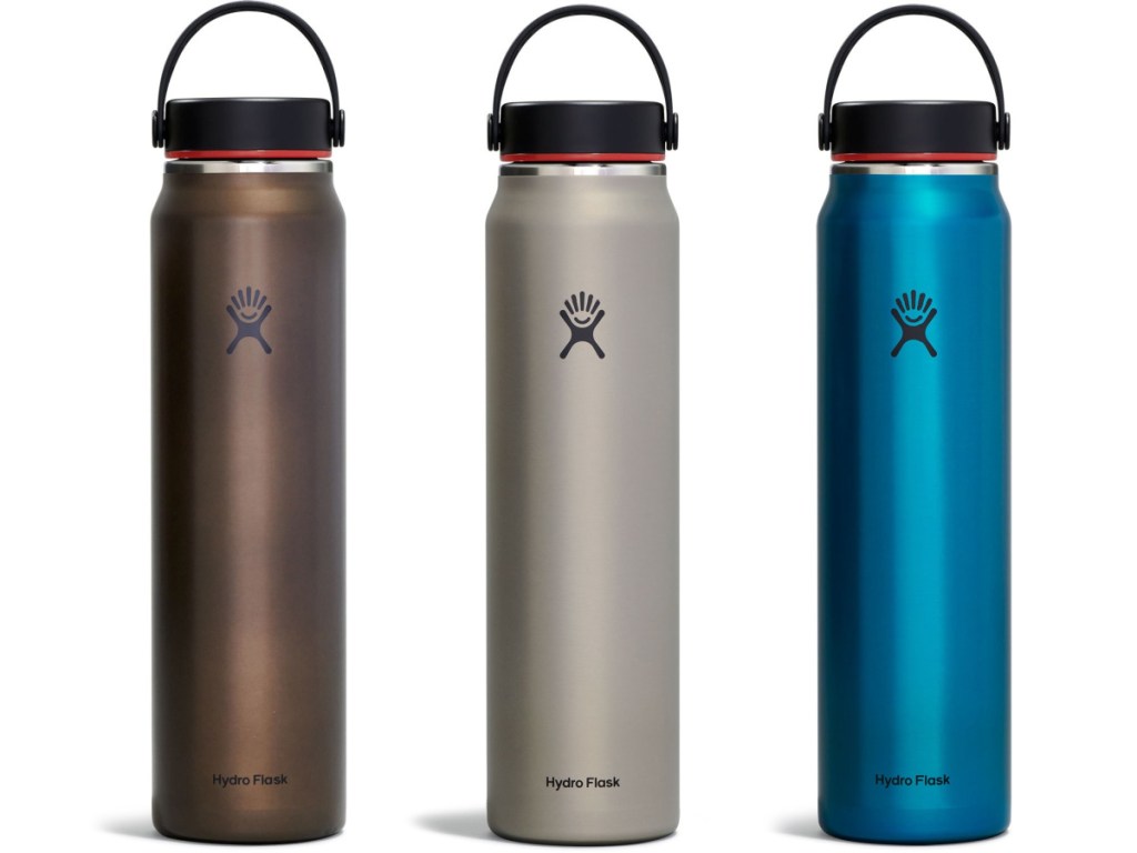 three stock images of Hydro Flask Trail Series Lightweight Wide-Mouth Vacuum Water Bottle 40oz
