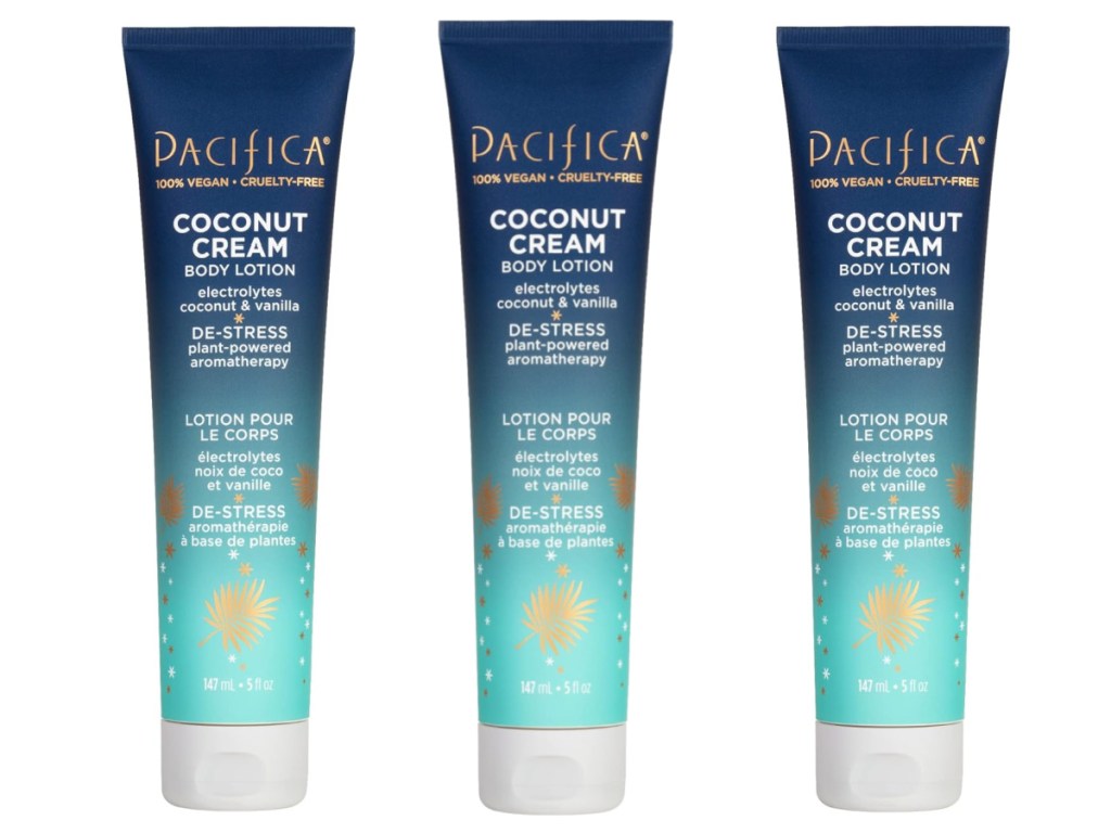 three stock images of pacifica coconut cream body lotion