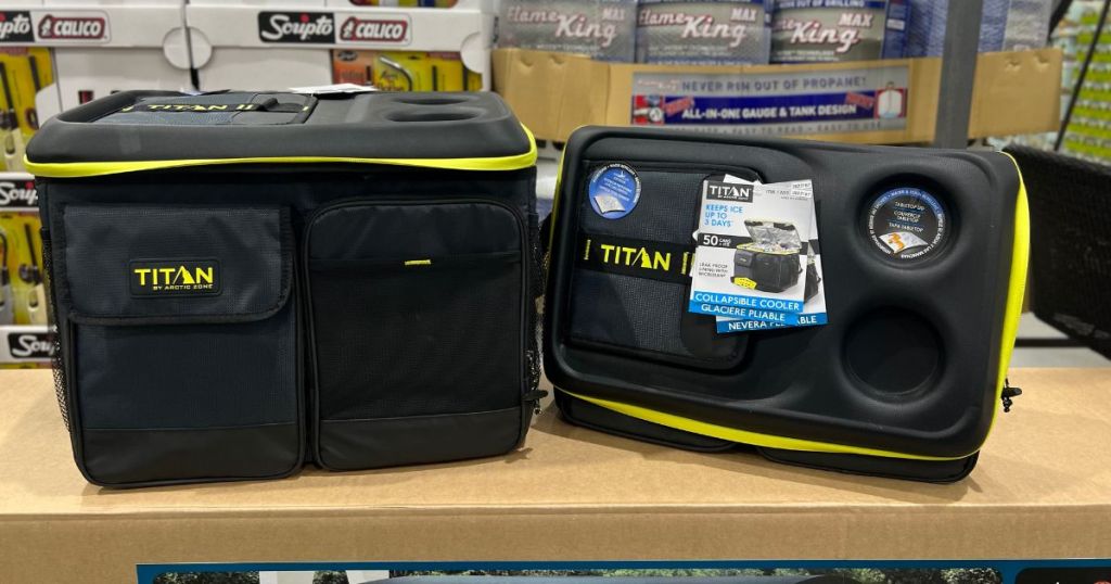 Titan collapsible cooler standing and on it's side on display in store