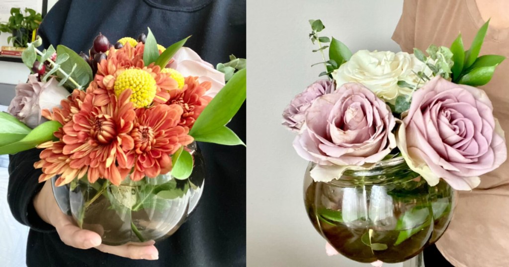 side by side images of diy bouquets made from trader joes supermarket flowers