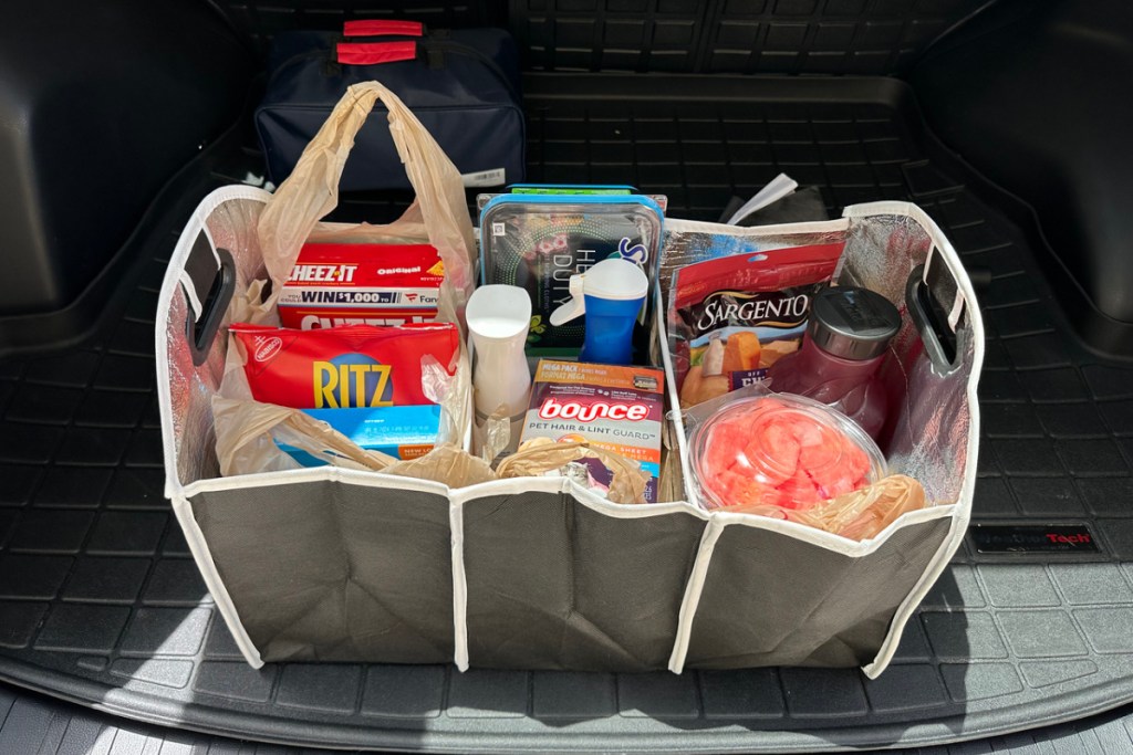 trunk organizer full of groceries