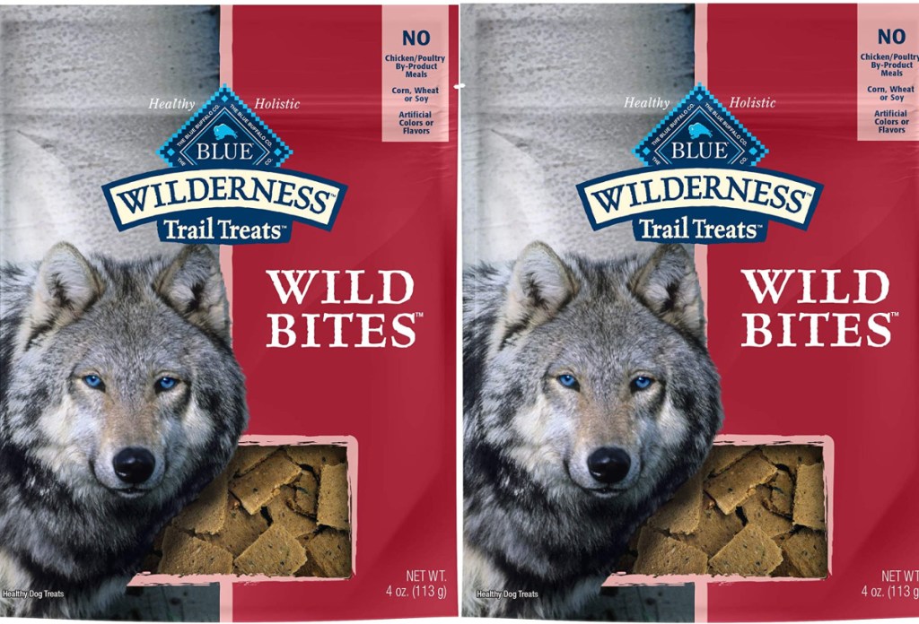 two stock images of Blue Buffalo Wilderness Trail Treats Wild Bites Dog Treats