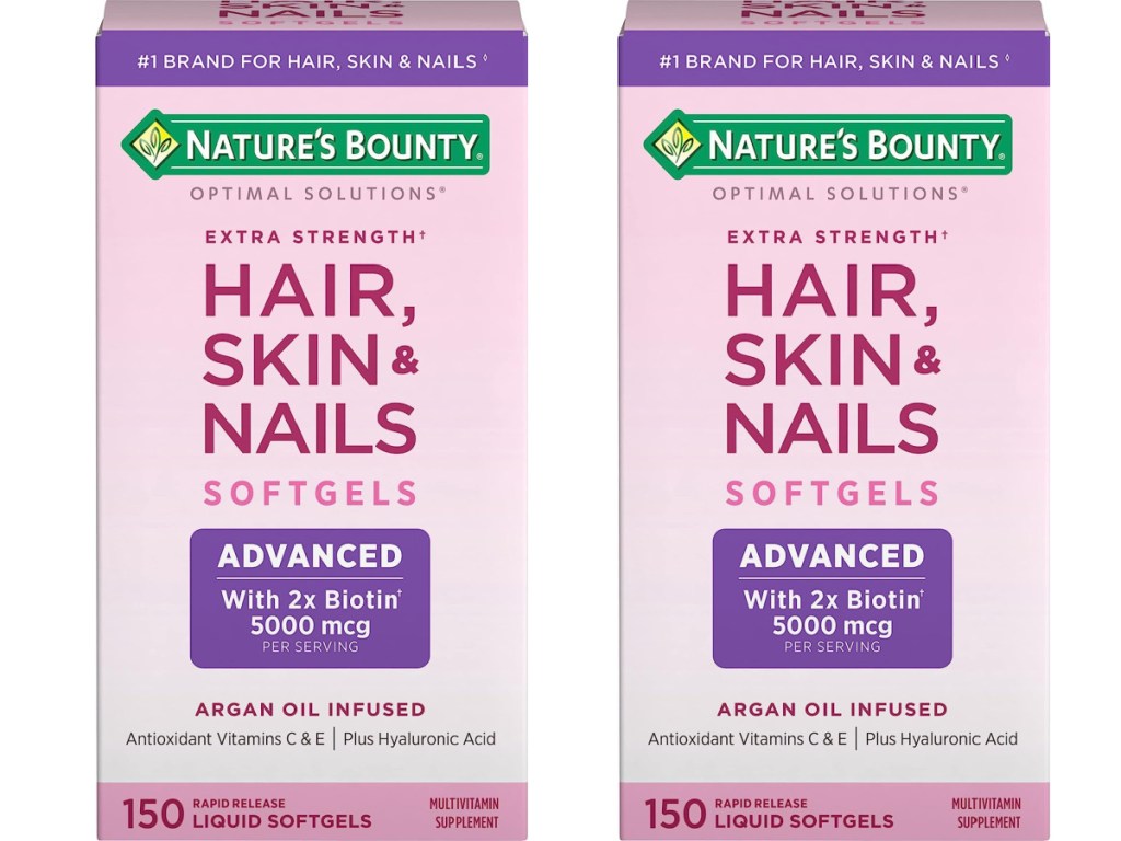 two stock images of Nature's Bounty Hair, Skin & Nails Rapid Release Softgels 150 Count