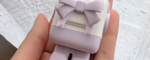 person holding a purple ugreen charger with a bow on the back