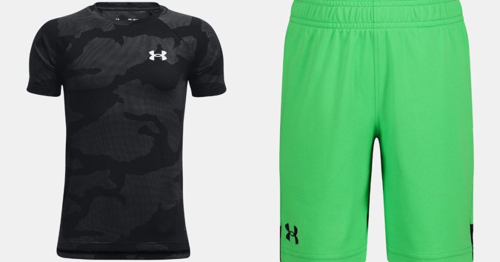 Schwarzes Under-Armour-T-Shirt und grüne Under-Armour-Shorts