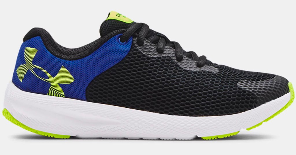 black, blue and lime green under armour pursuit running shoes