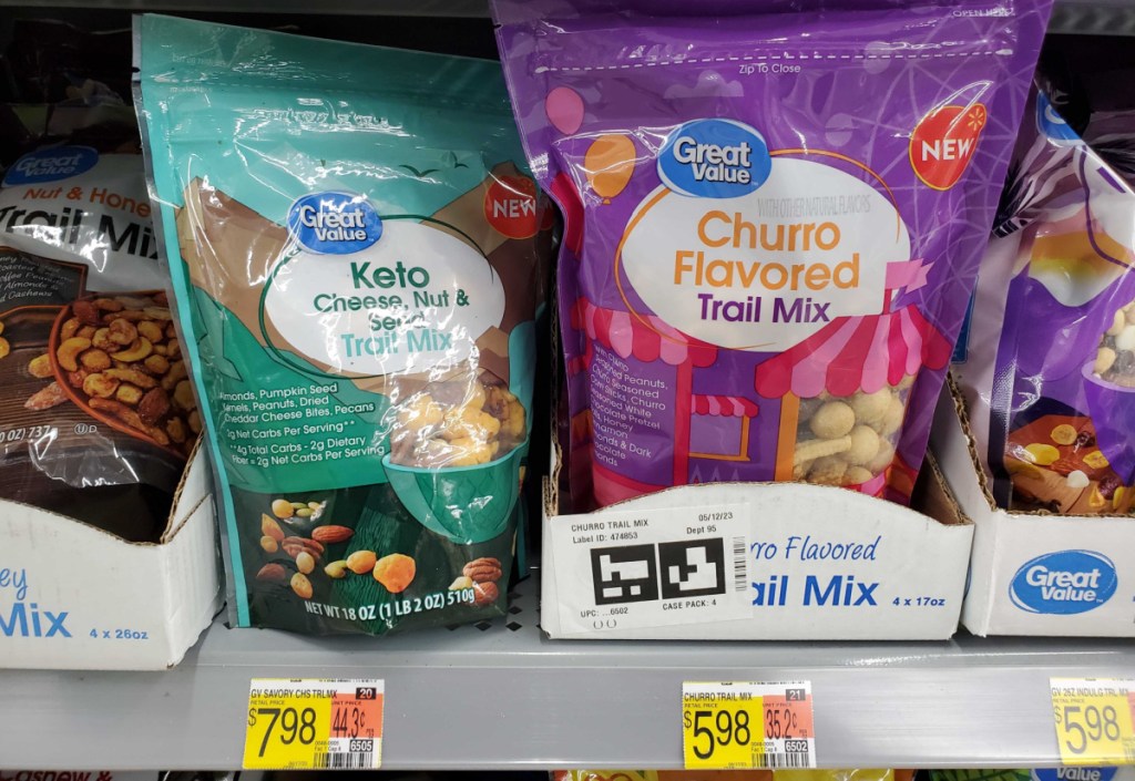 walmart great value trail mixes on a store shelf - keto and churro flavors