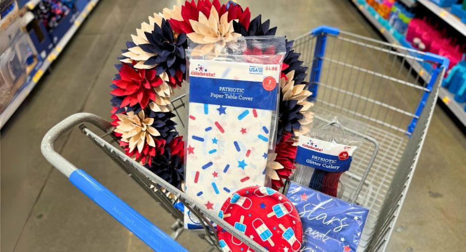 a walmart cart filled with patriotic decor items