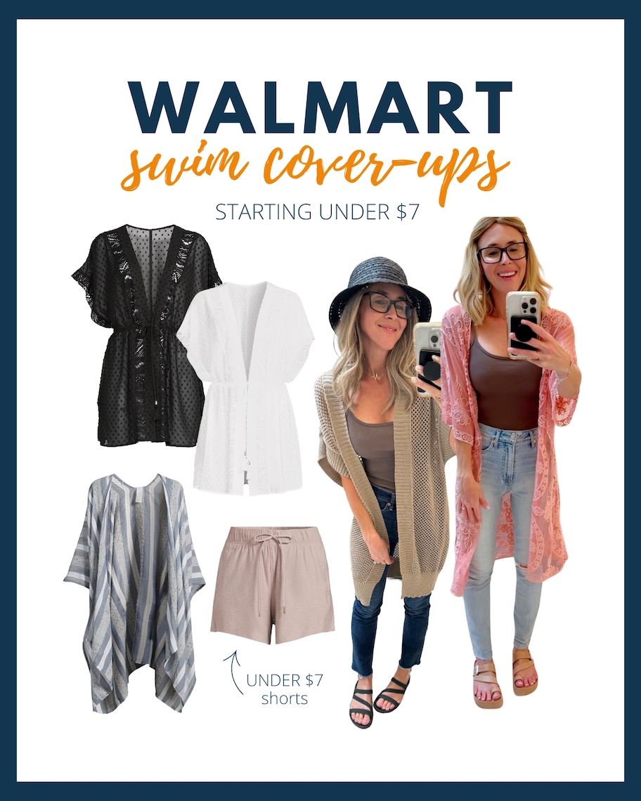 graphic collage of walmart swimsuit coverups starting under seven dollars time and tru cover up