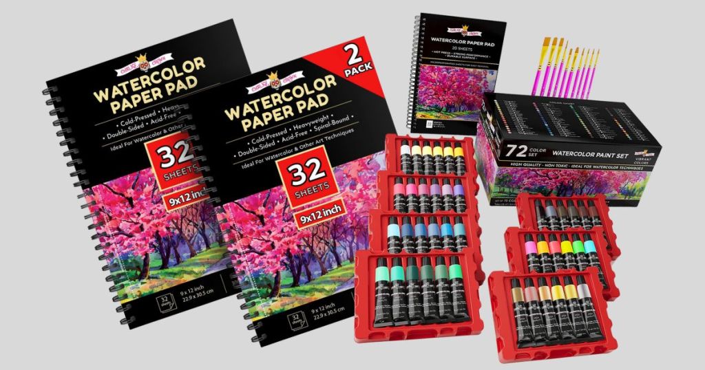 2 watercolor paper pad books and watercolor paint set with brushes and pad